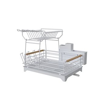 White Double-Layer Kitchen Countertop Large-Capacity Drain Rack with Knife Storage Compartment