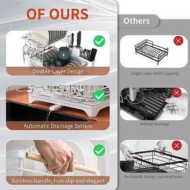 White Double-Layer Kitchen Countertop Large-Capacity Drain Rack with Knife Storage Compartment