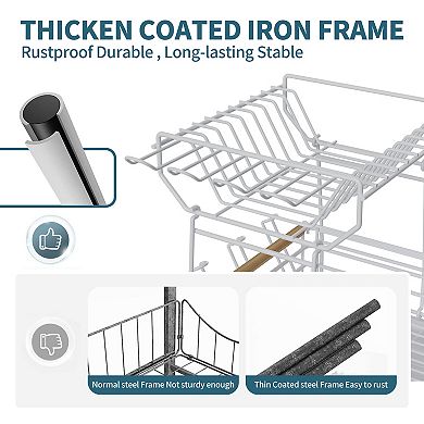 White Double-Layer Kitchen Countertop Large-Capacity Drain Rack with Knife Storage Compartment