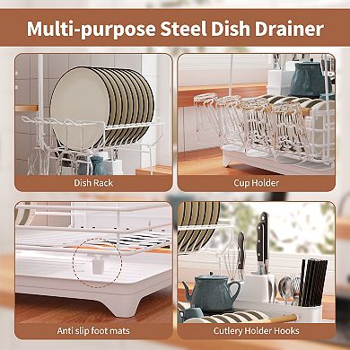 White Double-Layer Kitchen Countertop Large-Capacity Drain Rack with Knife Storage Compartment