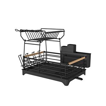 Black Double-Layer Kitchen Countertop Large-Capacity Drain Rack with Knife Storage Compartment