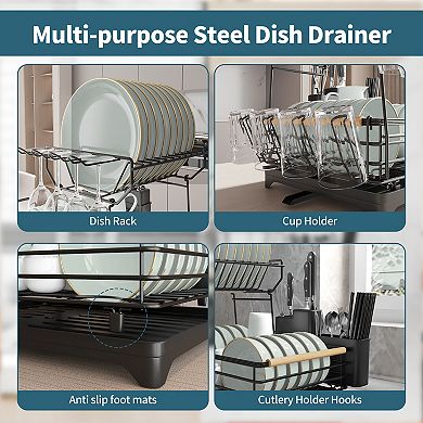 Black Double-Layer Kitchen Countertop Large-Capacity Drain Rack with Knife Storage Compartment