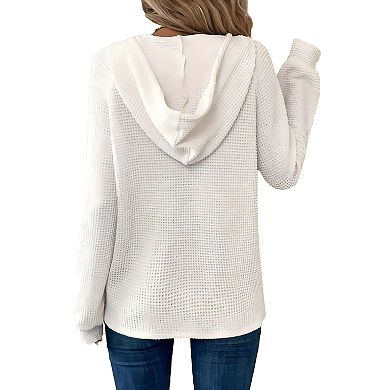 Women Waffle Knit Long Sleeve Drawstring Button V Neck Casual Pullover Sweatshirt Hooded Tops