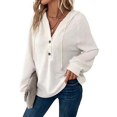 Women Waffle Knit Long Sleeve Drawstring Button V Neck Casual Pullover Sweatshirt Hooded Tops