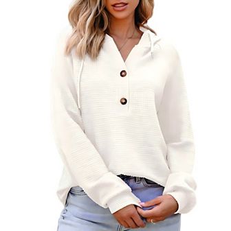 Women Waffle Knit Long Sleeve Drawstring Button V Neck Casual Pullover Sweatshirt Hooded Tops
