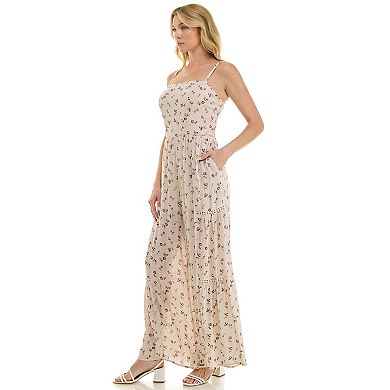 Juniors' Lily Rose Smocked Crochet Detail Wide Leg Jumpsuit