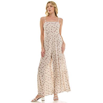 Juniors' Lily Rose Smocked Crochet Detail Wide Leg Jumpsuit