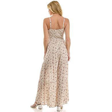 Juniors' Lily Rose Smocked Crochet Detail Wide Leg Jumpsuit