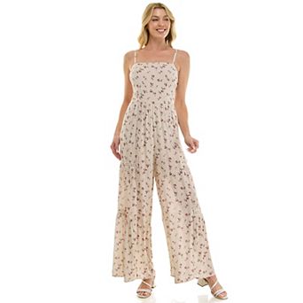 Juniors' Lily Rose Smocked Crochet Detail Wide Leg Jumpsuit