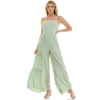 Juniors' Lily Rose Smocked Crochet Detail Wide Leg Jumpsuit
