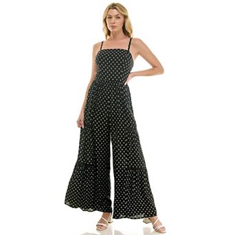 Juniors' Lily Rose Smocked Crochet Detail Wide Leg Jumpsuit