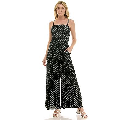 Juniors' Lily Rose Smocked Crochet Detail Wide Leg Jumpsuit