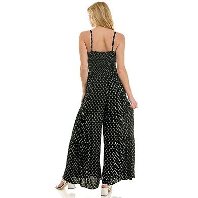 Juniors' Lily Rose Smocked Crochet Detail Wide Leg Jumpsuit