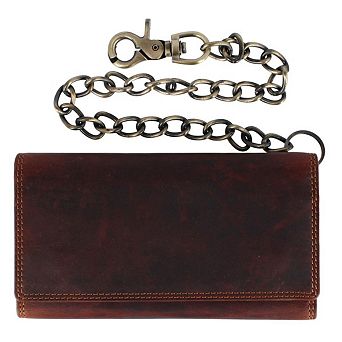 CTM Men's Crazy Horse Leather Long Trifold Checkbook Chain Wallet