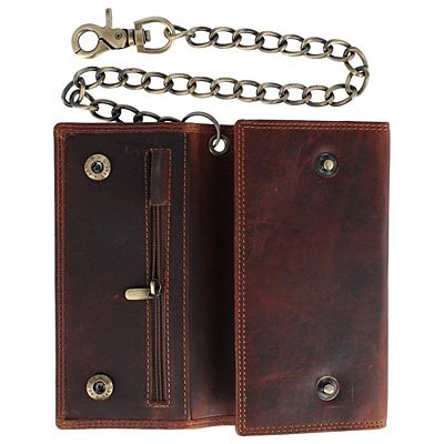 CTM Men's Crazy Horse Leather Long Trifold Checkbook Chain Wallet