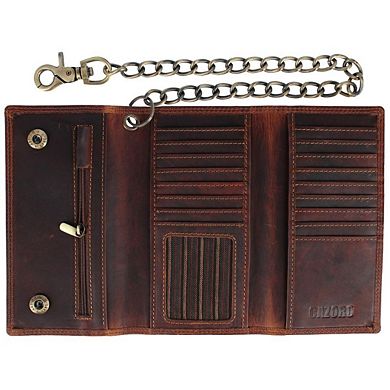CTM Men's Crazy Horse Leather Long Trifold Checkbook Chain Wallet