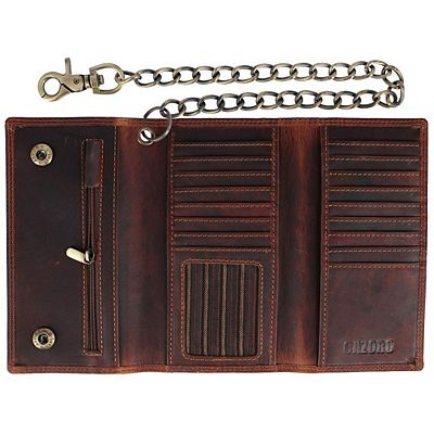 CTM Men's Crazy Horse Leather Long Trifold Checkbook Chain Wallet
