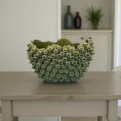 Nina Decorative Bowl, Textured Green Ceramic, Abstract Coral 14 Inch