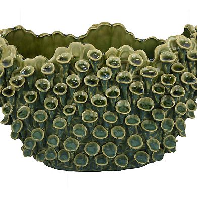 Nina Decorative Bowl, Textured Green Ceramic, Abstract Coral 14 Inch