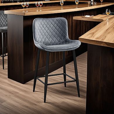 Aniya Counter Stool Chair Set of 2, Black Metal Leg, Dark Gray Velvet