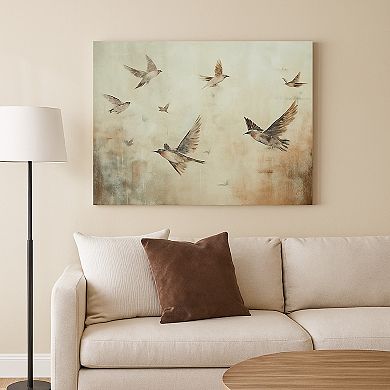 Accent Wall Decor, 36x48, Brown Hand Painted Canvas, Flocking Birds
