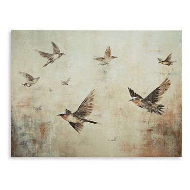 Accent Wall Decor, 36x48, Brown Hand Painted Canvas, Flocking Birds