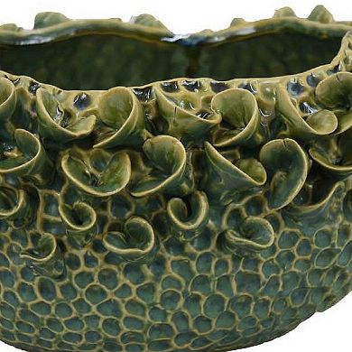 Nina Decorative Bowl, Textured Green Ceramic, Abstract Floral 13 Inch