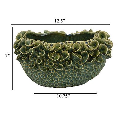 Nina Decorative Bowl, Textured Green Ceramic, Abstract Floral 13 Inch