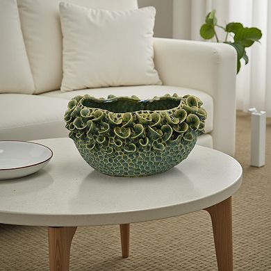 Nina Decorative Bowl, Textured Green Ceramic, Abstract Floral 13 Inch