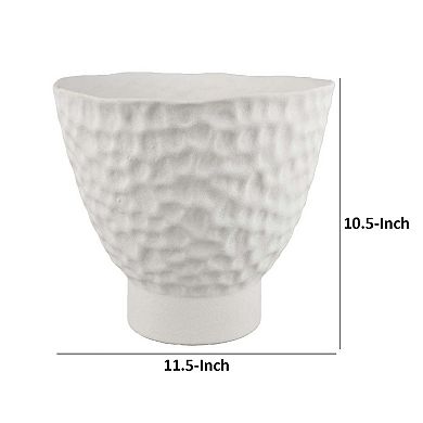 Decorative Bowl Shaped Planter, Hammered White Ceramic 12 Inch