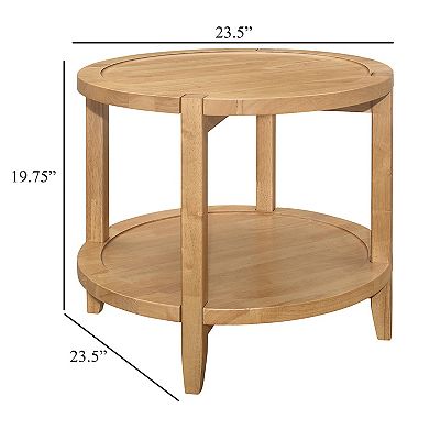 Camilia Side End Table, 23 Inch Round Top, 1 Shelf, Natural Brown