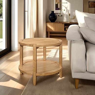 Camilia Side End Table, 23 Inch Round Top, 1 Shelf, Natural Brown