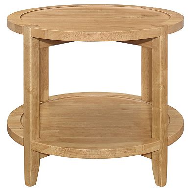 Camilia Side End Table, 23 Inch Round Top, 1 Shelf, Natural Brown