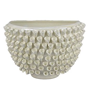 Modern Decorative Bowl, 3D Texture Embellished White Ceramic, 14 Inch