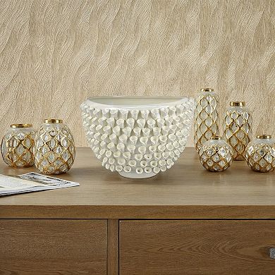 Modern Decorative Bowl, 3D Texture Embellished White Ceramic, 14 Inch