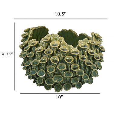 Nina Decorative Bowl, Textured Green Ceramic, Abstract Coral, 11 Inch