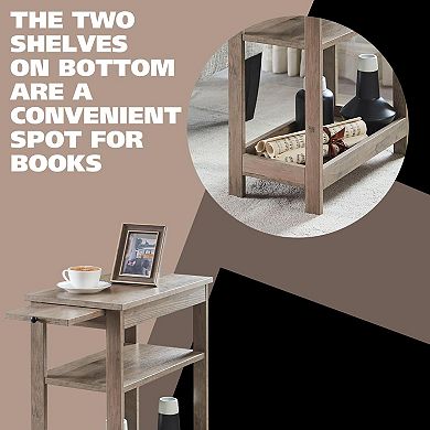 Kings Brand Furniture Slim Wood Side End Table with Storage Shelves & Pull-Out Tray, Nightstand