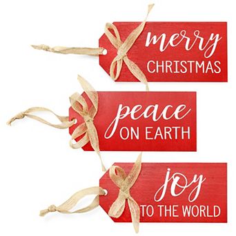 Rustic Wood Tag Christmas Ornaments (Set of 3, Red)