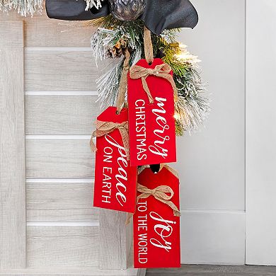 Rustic Wood Tag Christmas Ornaments (Set of 3, Red)