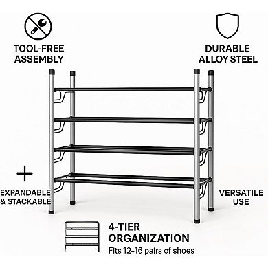 USTECH Expandable 4-Tier Shoe Rack, Adjustable Stackable Metal Shoe Organizer Storage