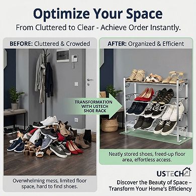 USTECH 4-Tier Adjustable Shoe Rack Organizer, Expandable Metal Shoe Shelf for Closet & Entryway