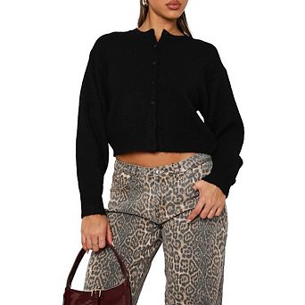 Womens Cropped Cardigan Sweaters Crew Neck Long Sleeve Button Up Sweaters Lightweight Knit Sweaters