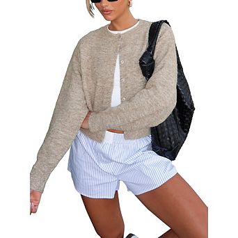 Womens Cropped Cardigan Sweaters Crew Neck Long Sleeve Button Up Sweaters Lightweight Knit Sweaters