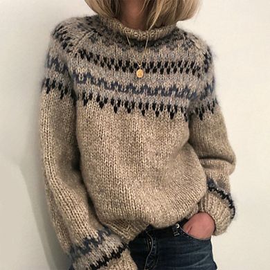 Womens Sweater Casual Midweight Vintage Fair Isle Sweater Raglan Sleeve Crew Neck Knitted Sweaters