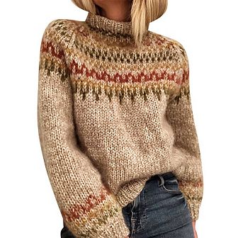 Womens Sweater Casual Midweight Vintage Fair Isle Sweater Raglan Sleeve Crew Neck Knitted Sweaters
