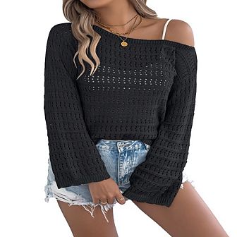 Womens Solid Scoop Neck Off Shoulder Hollow Out Sweater Long Sleeve Loose Lightweight Knit Sweater