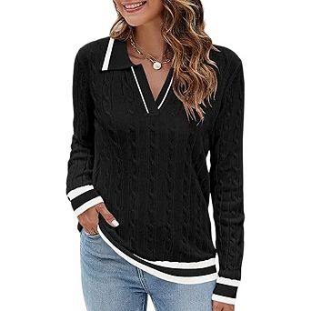Women Long Sleeve Top Fall Lace Trim Ruffle V Neck Casual Shirt Fashion Solid Color Loose Tunic
