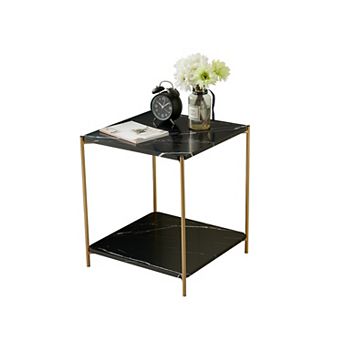 Kings Brand Furniture Side End Table with Faux Marble Storage Shelves & Gold Metal Frame