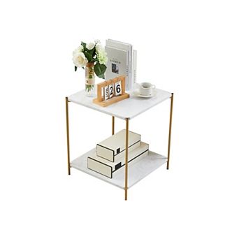 Kings Brand Furniture Side End Table with Faux Marble Storage Shelves & Gold Metal Frame