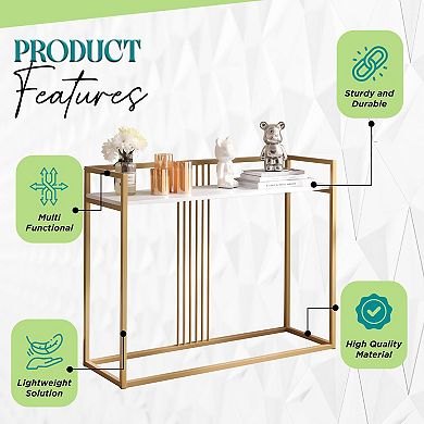 Kings Brand Furniture Modern Sofa Console Table with Faux Marble Storage Shelf & Gold Metal Frame